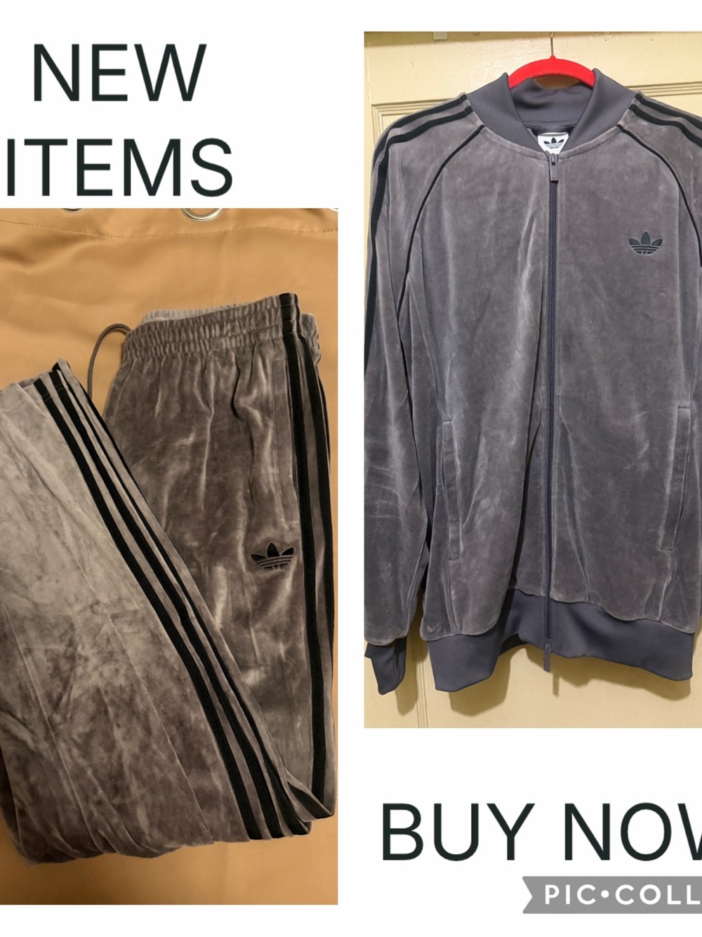 adidas Gray Velvet Track Pants with Black Stripes